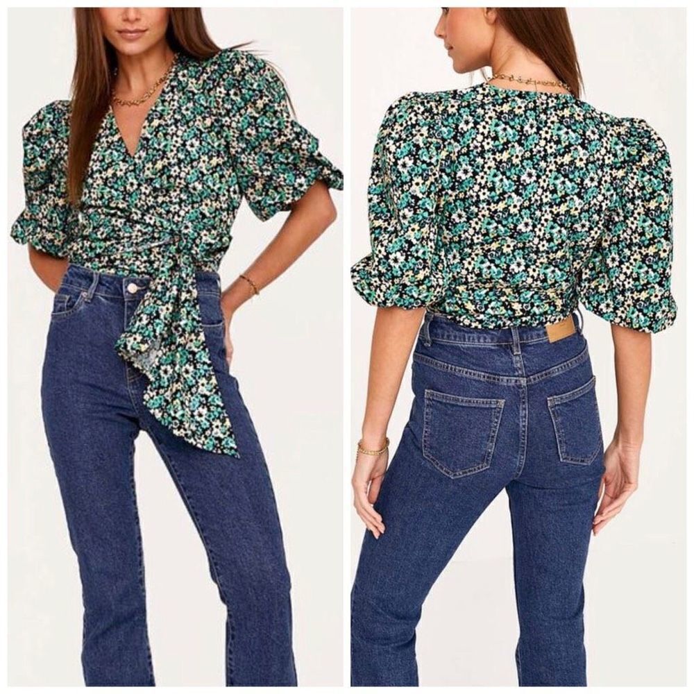 Only Riri i Gron Green Yellow Balloon Short‎ Sleeve Wrap Blouse Sz M